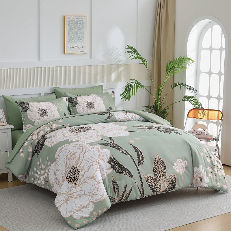 Luxudecor Floral Queen Comforter Set 7 Pieces Bed in a Bag, White Flower Print on Green Bedding Set, Soft Reversible Comforter with Sheet Set 90"x90" - Image 2