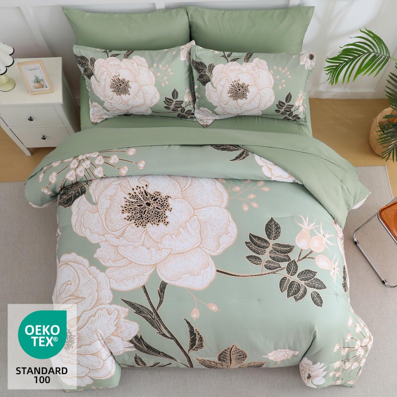 Luxudecor Floral Queen Comforter Set 7 Pieces Bed in a Bag, White Flower Print on Green Bedding Set, Soft Reversible Comforter with Sheet Set 90"x90" - Image 3