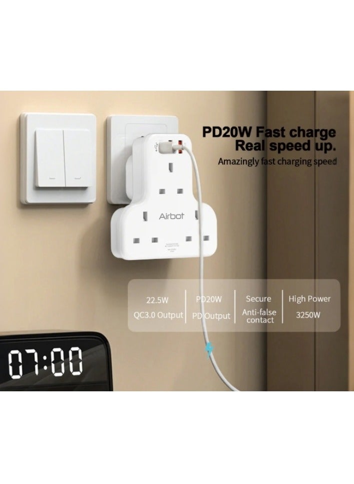 Airbot Air 3C-PD Multi Extension Socket 3250W 3 Way Socket Power Adaptor Multi Plug Extension ith USB + Type-C PD Extender Outlet Adaptor Plug Extension - Image 3