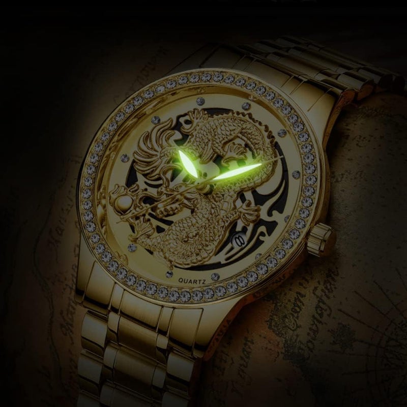 erorex Men's Gold Watch,Luxury Luminous Couple Pair Watches 3D Dragon Diamond Watches for Men Stainless Steel Dragon Wristwatch Romantic Quartz Waterproof Business Watches His and Her Couple Watches - Image 2