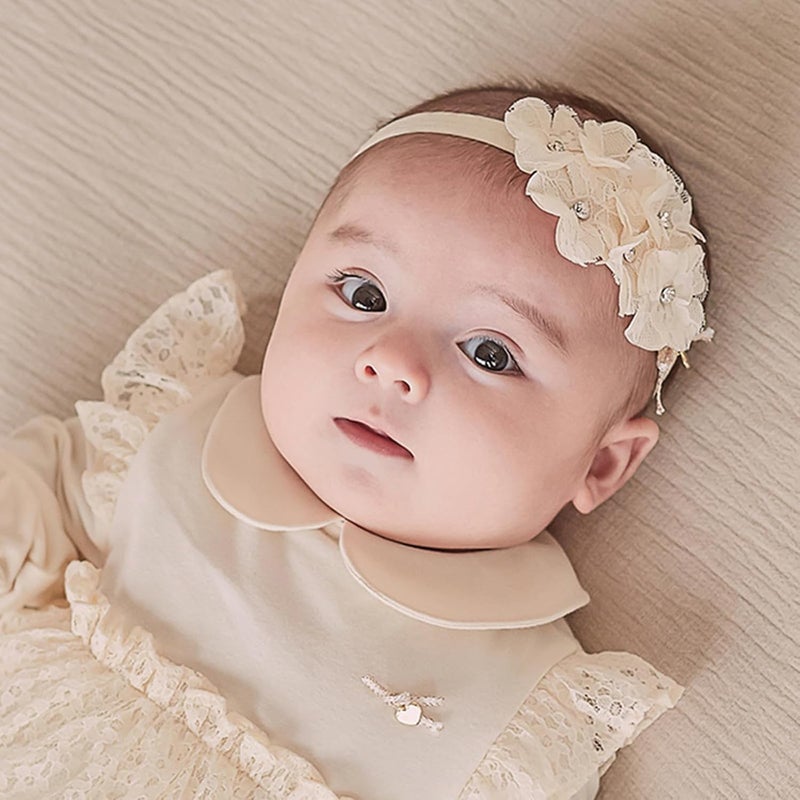ICKEYOU Baby Girls Hairband White Bow Lace Headbands Handmade Soft Stretchy Wide Head Band Newborn Hairbands with Bows Pearls Elastic Headband for Infant Hair Accessoriesï¼ˆBeige Lace Flowerï¼‰ - Image 4