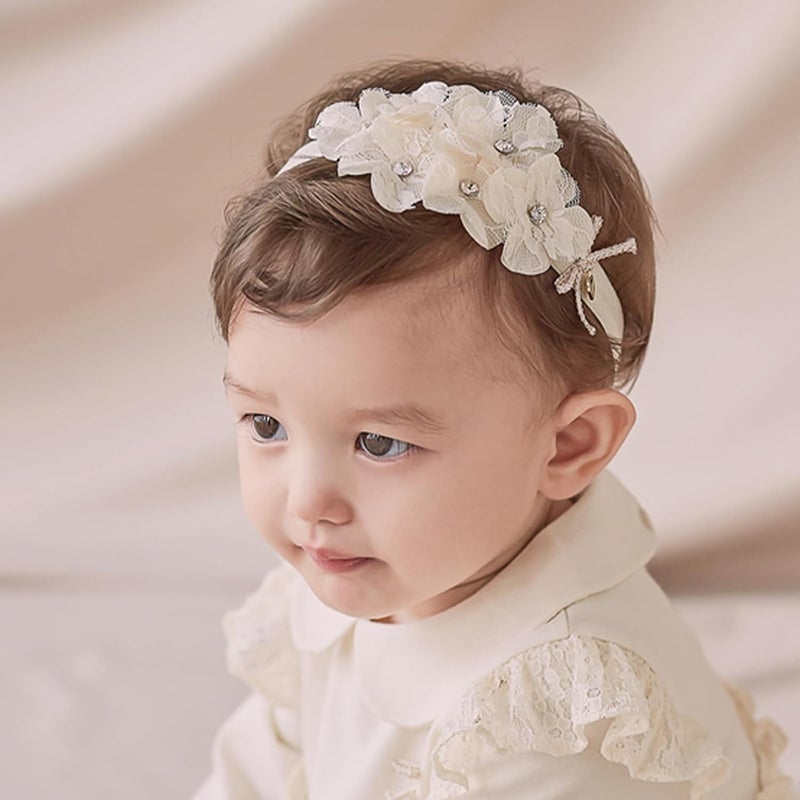 ICKEYOU Baby Girls Hairband White Bow Lace Headbands Handmade Soft Stretchy Wide Head Band Newborn Hairbands with Bows Pearls Elastic Headband for Infant Hair Accessoriesï¼ˆBeige Lace Flowerï¼‰ - Image 2