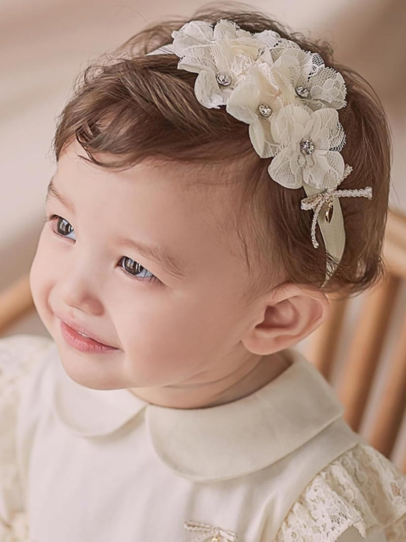 ICKEYOU Baby Girls Hairband White Bow Lace Headbands Handmade Soft Stretchy Wide Head Band Newborn Hairbands with Bows Pearls Elastic Headband for Infant Hair Accessoriesï¼ˆBeige Lace Flowerï¼‰ - Image 1
