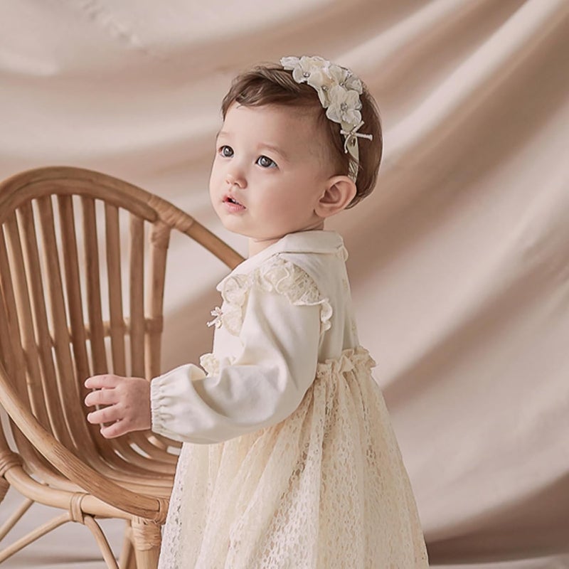 ICKEYOU Baby Girls Hairband White Bow Lace Headbands Handmade Soft Stretchy Wide Head Band Newborn Hairbands with Bows Pearls Elastic Headband for Infant Hair Accessoriesï¼ˆBeige Lace Flowerï¼‰ - Image 5