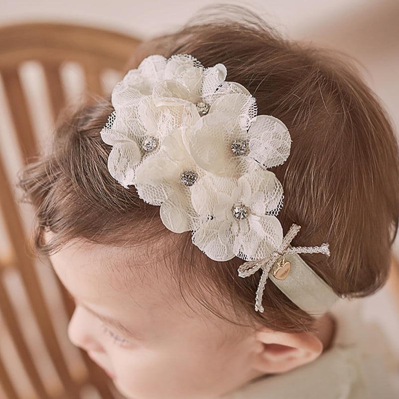 ICKEYOU Baby Girls Hairband White Bow Lace Headbands Handmade Soft Stretchy Wide Head Band Newborn Hairbands with Bows Pearls Elastic Headband for Infant Hair Accessoriesï¼ˆBeige Lace Flowerï¼‰ - Image 3