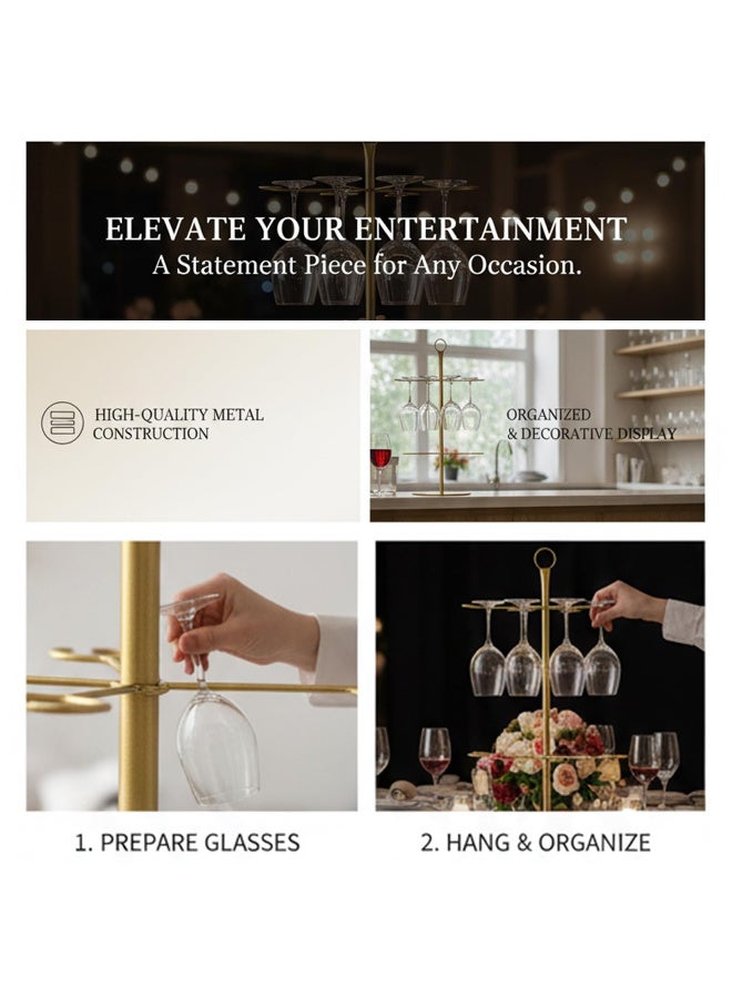 3-Tier Freestanding Countertop Wine Glass Drying Rack with 12 Hooks, Golden Metal Stemware Holder for Bar, Kitchen, Dining - Image 5