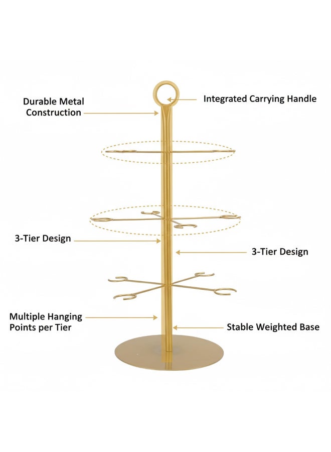 3-Tier Freestanding Countertop Wine Glass Drying Rack with 12 Hooks, Golden Metal Stemware Holder for Bar, Kitchen, Dining - Image 2