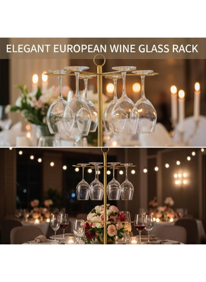 3-Tier Freestanding Countertop Wine Glass Drying Rack with 12 Hooks, Golden Metal Stemware Holder for Bar, Kitchen, Dining - Image 3