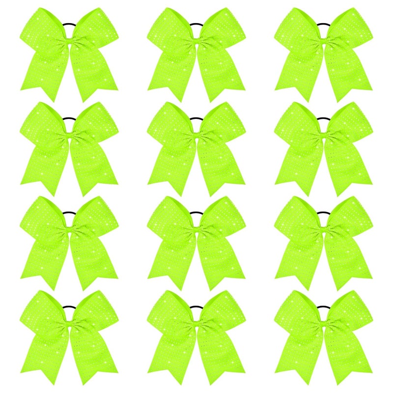 CEELGON 12 PCS Neon Green Glitter Cheer Bows Large 8 Full Rhinestones Shiny Cheer Bow Elastic Hair Tie Bows for Teens Girls Softball Competition Sports Cheerleaders Neon Green