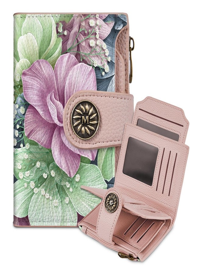 Mayski Happy Flower Floral Small RFID Wallet Women, PU Leather Bifold Zipper Coin Pocket Compact Cash Credit Card Holder Purse, Cute Travel Wallet for Ladies Teen Girls, 4 ID Window 14 Card Slots - Image 1