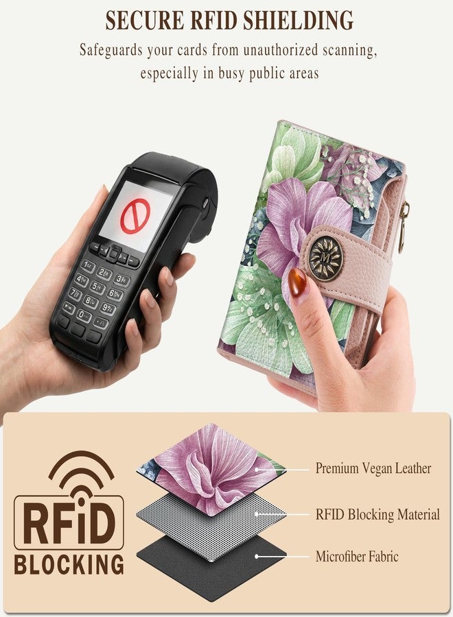 Mayski Happy Flower Floral Small RFID Wallet Women, PU Leather Bifold Zipper Coin Pocket Compact Cash Credit Card Holder Purse, Cute Travel Wallet for Ladies Teen Girls, 4 ID Window 14 Card Slots - Image 3