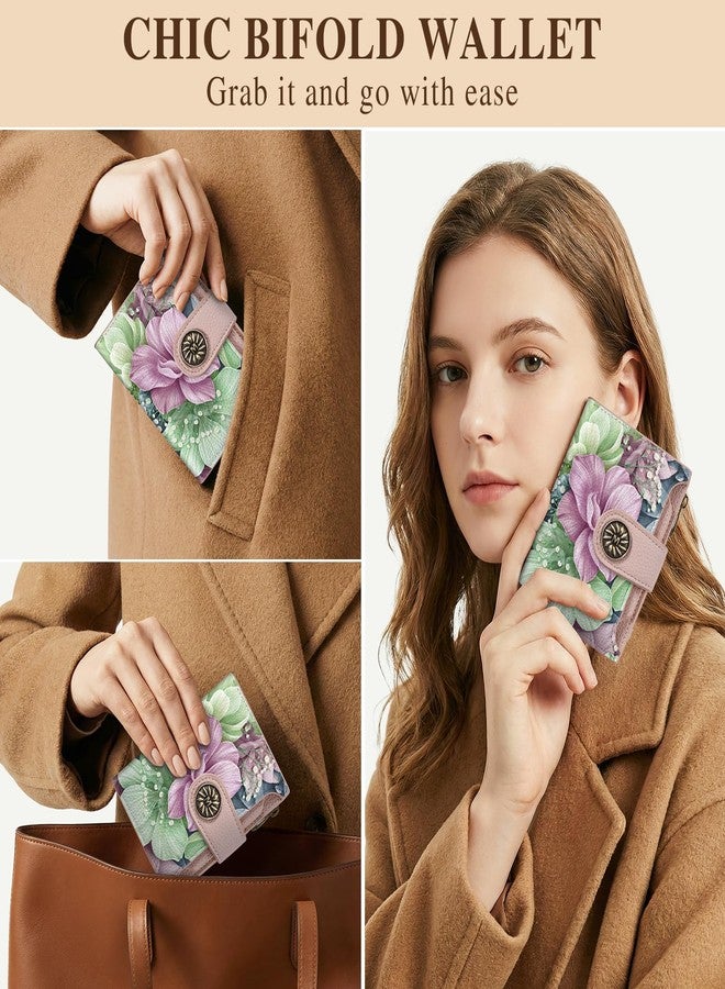 Mayski Happy Flower Floral Small RFID Wallet Women, PU Leather Bifold Zipper Coin Pocket Compact Cash Credit Card Holder Purse, Cute Travel Wallet for Ladies Teen Girls, 4 ID Window 14 Card Slots - Image 2