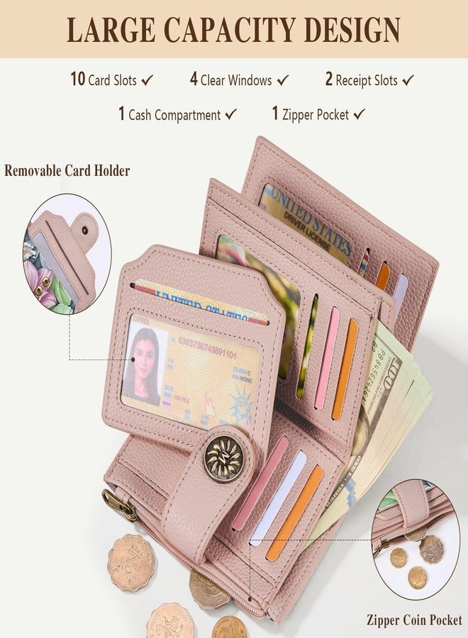Mayski Happy Flower Floral Small RFID Wallet Women, PU Leather Bifold Zipper Coin Pocket Compact Cash Credit Card Holder Purse, Cute Travel Wallet for Ladies Teen Girls, 4 ID Window 14 Card Slots - Image 4