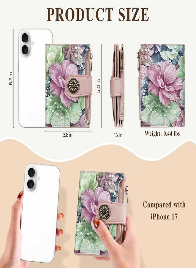 Mayski Happy Flower Floral Small RFID Wallet Women, PU Leather Bifold Zipper Coin Pocket Compact Cash Credit Card Holder Purse, Cute Travel Wallet for Ladies Teen Girls, 4 ID Window 14 Card Slots - Image 5