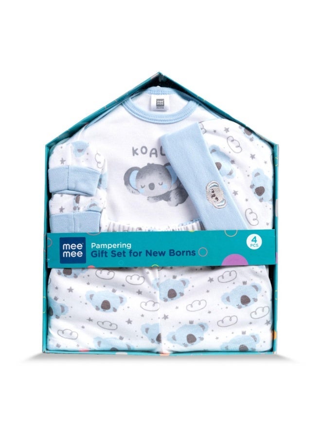 Mee Mee New Born Baby Gift Set | Soft Cotton Clothing Essentials for Infants/Baby Girls, Boys | Baby Shower Clothing Hamper (4 Pieces, Blue)| Ideal Gift for New Born Baby - Image 1