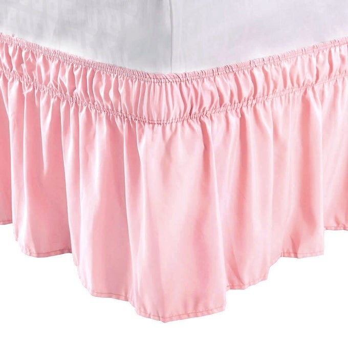 BED SKIRT WRAP AROUND BEDSKIRT THREE FABRIC SIDES ELASTIC DUST RUFFLE EASY FIT WITH 15 INCH DROP TWIN PINK