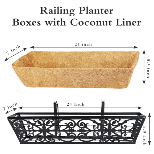 Karlliu 2 Pack 24 Inch Window Boxes Planters Railing Planter Box with Adjustable Brackets & Coco Liners Fabric Plant Grow Bags Deck Railing Planter Boxes Balcony Hanging Flower Box for Outdoor Plants - Image 5