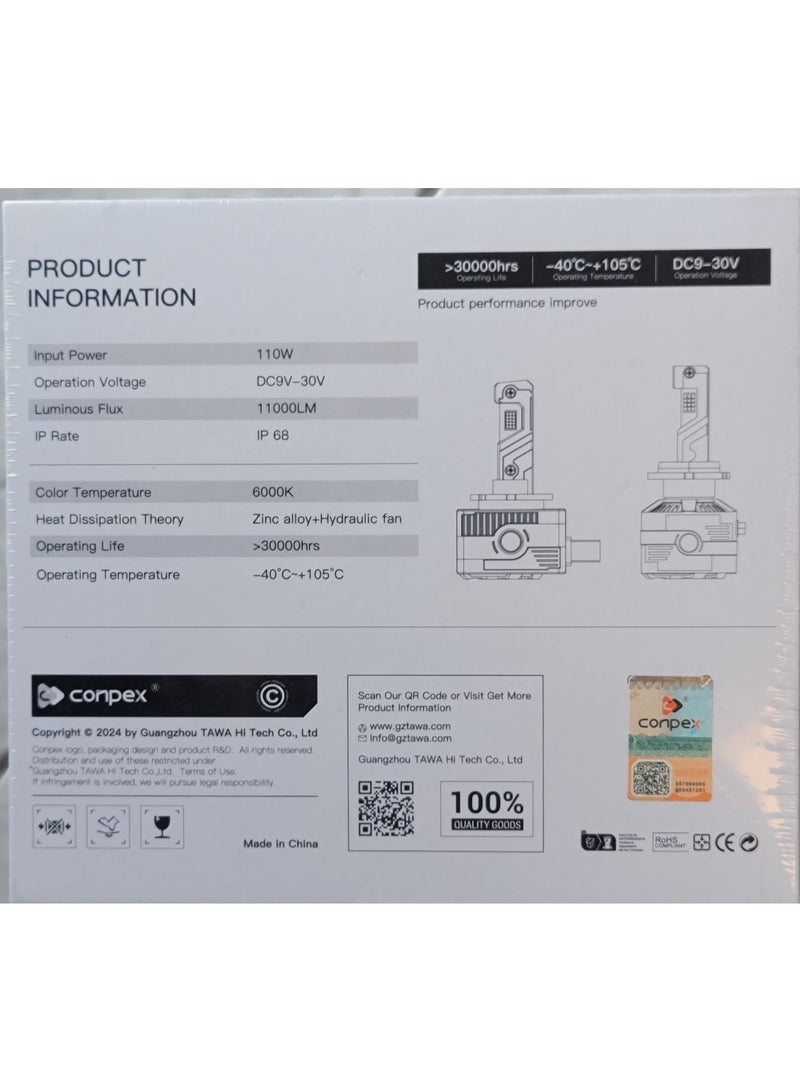 Conpex W3 LED Headlight Bulbs – High Power Series, 6000K White, 11068 Input Power, 11000LM Super Bright, 30,000Hr Lifespan, –40°C to +105°C Operating Temperature, Plug & Play Headlamp Upgrade for Cars & Motorcycles (2PCS) - Image 2