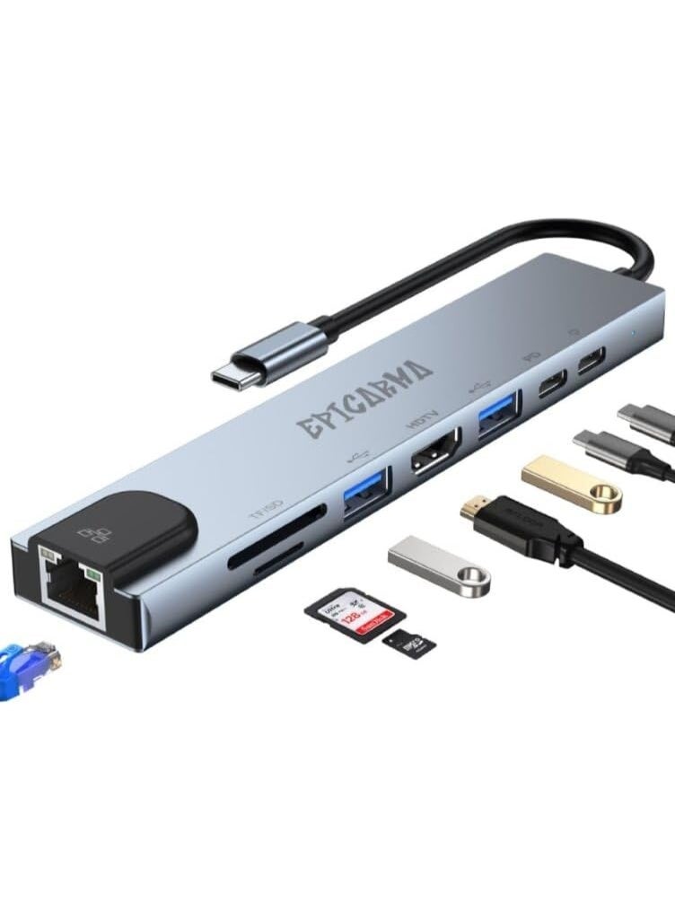 epicarma 8-in-1 USB-C Hub Adapter with 4K HDMI, 87W Power Delivery, RJ45 Ethernet, Dual USB-A & USB-C, SD/TF Card Reader – Type-C Docking Station for Laptop, MacBook, PC & Tablet - Image 1