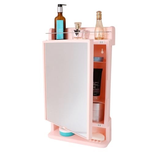 BRANCO Bathroom Cabinet with Mirror | Storage Organiser | Strong Plastic Bathroom Shelves Wall Mounted | Mirror Cabinet (Pink) - Image 2