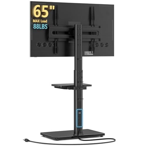 AX WABER Floor TV Stand with Power Outlet& Shelf, Universal TV Stand Mount for 27-65 inch TV up to 88lbs, 70 Degree Swivel 9 Level Height Adjustable with Tempered Glass Base for Bedroom, Office Black - Image 1