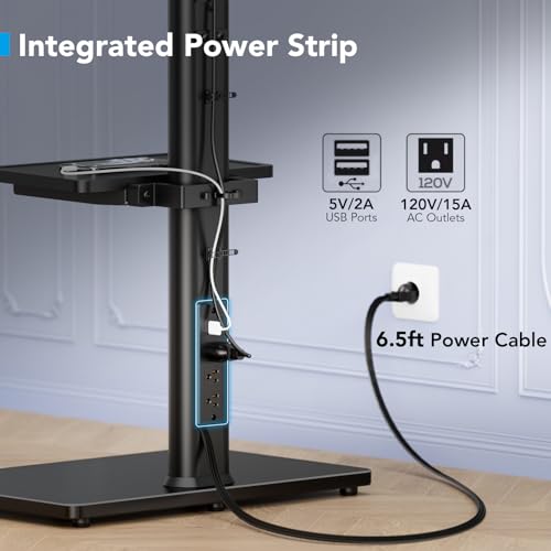 AX WABER Floor TV Stand with Power Outlet& Shelf, Universal TV Stand Mount for 27-65 inch TV up to 88lbs, 70 Degree Swivel 9 Level Height Adjustable with Tempered Glass Base for Bedroom, Office Black - Image 2