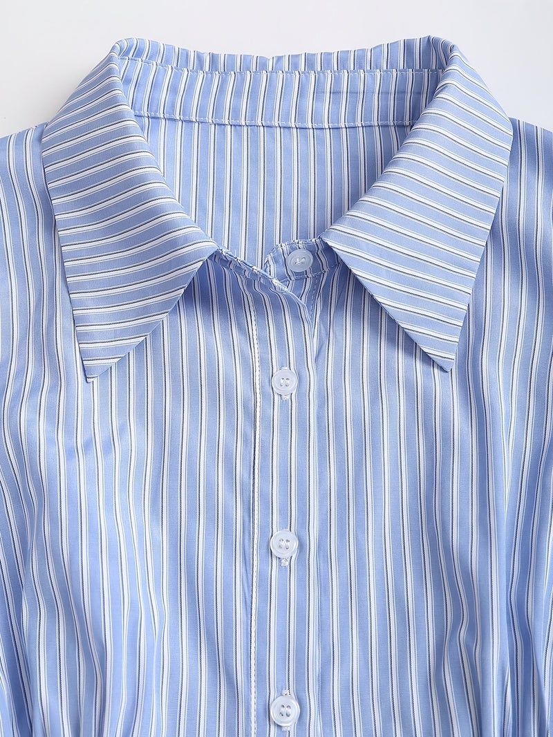 Women's New Striped Long-Sleeve Shirt Dress, Letter Print Design, Tie-Back, Striped Mini Dress, Suitable for Outings, Commuting, and Youthful Styling - Image 4