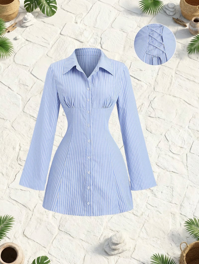 Women's New Striped Long-Sleeve Shirt Dress, Letter Print Design, Tie-Back, Striped Mini Dress, Suitable for Outings, Commuting, and Youthful Styling - Image 2