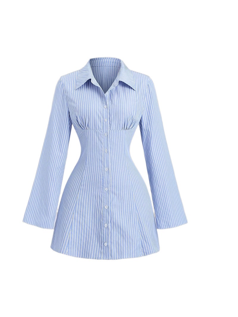 Women's New Striped Long-Sleeve Shirt Dress, Letter Print Design, Tie-Back, Striped Mini Dress, Suitable for Outings, Commuting, and Youthful Styling - Image 1