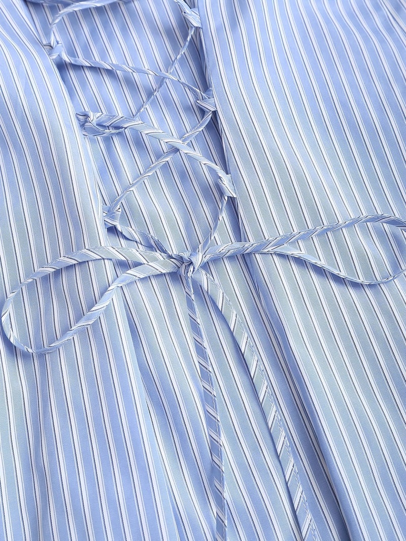 Women's New Striped Long-Sleeve Shirt Dress, Letter Print Design, Tie-Back, Striped Mini Dress, Suitable for Outings, Commuting, and Youthful Styling - Image 5