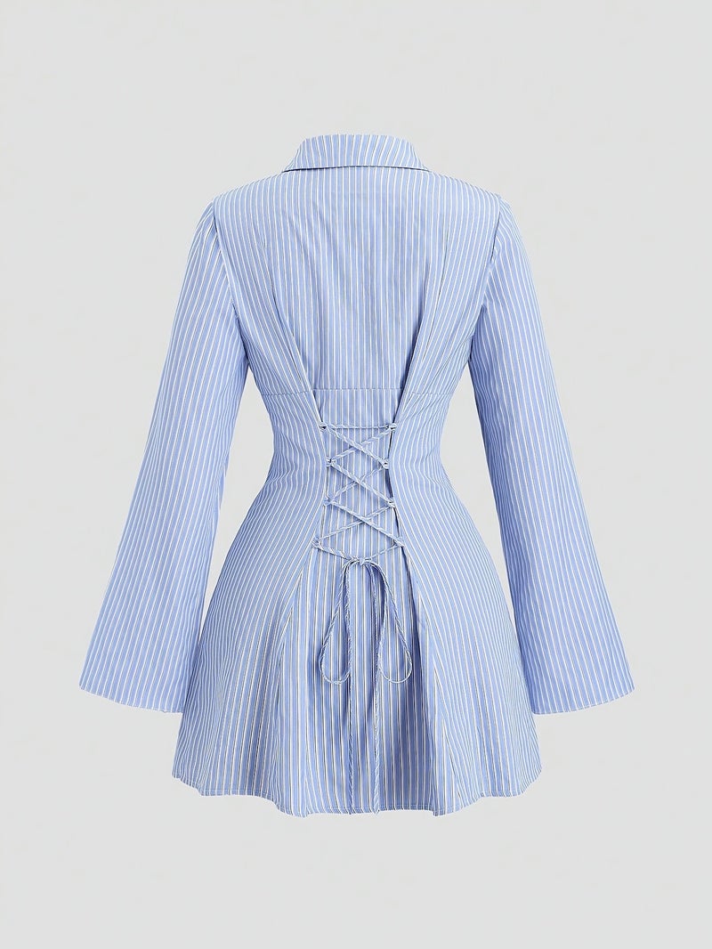 Women's New Striped Long-Sleeve Shirt Dress, Letter Print Design, Tie-Back, Striped Mini Dress, Suitable for Outings, Commuting, and Youthful Styling - Image 3