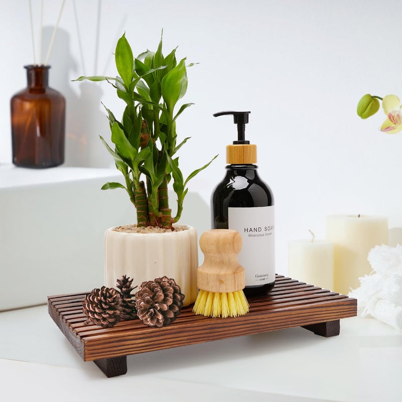 Renawe Farmhouse Bathroom Counter Tray Wood Display Pedesta Stand Kitchen Countertop Trays Decorative Wooden Riser Dish Soap Dispenser Holder for Bathroom Sink Accessories Kitchen Decor Vanity Tray - Image 4