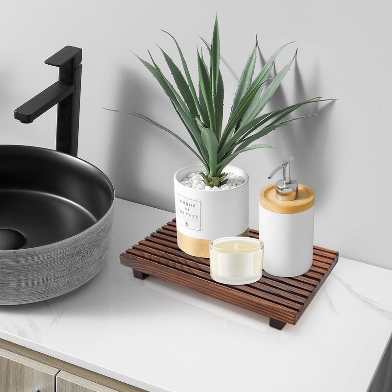 Renawe Farmhouse Bathroom Counter Tray Wood Display Pedesta Stand Kitchen Countertop Trays Decorative Wooden Riser Dish Soap Dispenser Holder for Bathroom Sink Accessories Kitchen Decor Vanity Tray - Image 3