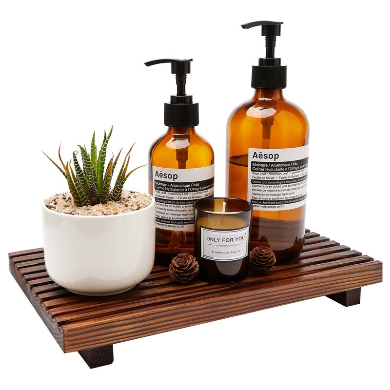 Renawe Farmhouse Bathroom Counter Tray Wood Display Pedesta Stand Kitchen Countertop Trays Decorative Wooden Riser Dish Soap Dispenser Holder for Bathroom Sink Accessories Kitchen Decor Vanity Tray - Image 1