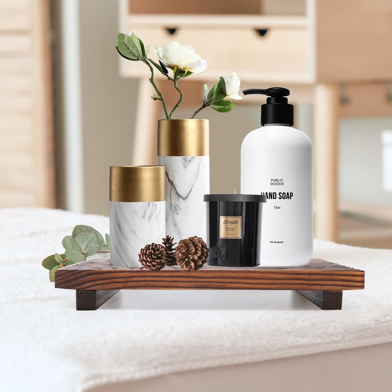 Renawe Farmhouse Bathroom Counter Tray Wood Display Pedesta Stand Kitchen Countertop Trays Decorative Wooden Riser Dish Soap Dispenser Holder for Bathroom Sink Accessories Kitchen Decor Vanity Tray - Image 2