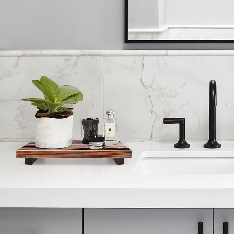 Renawe Farmhouse Bathroom Counter Tray Wood Display Pedesta Stand Kitchen Countertop Trays Decorative Wooden Riser Dish Soap Dispenser Holder for Bathroom Sink Accessories Kitchen Decor Vanity Tray - Image 5