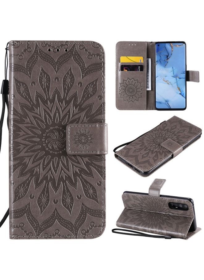 HuHa Case Cover For OPPO Reno3 Pro / Find X2 Neo Sun Embossing Pattern Horizontal Flip Leather Case with Card Slot & Holder & Wallet & Lanyard Grey 