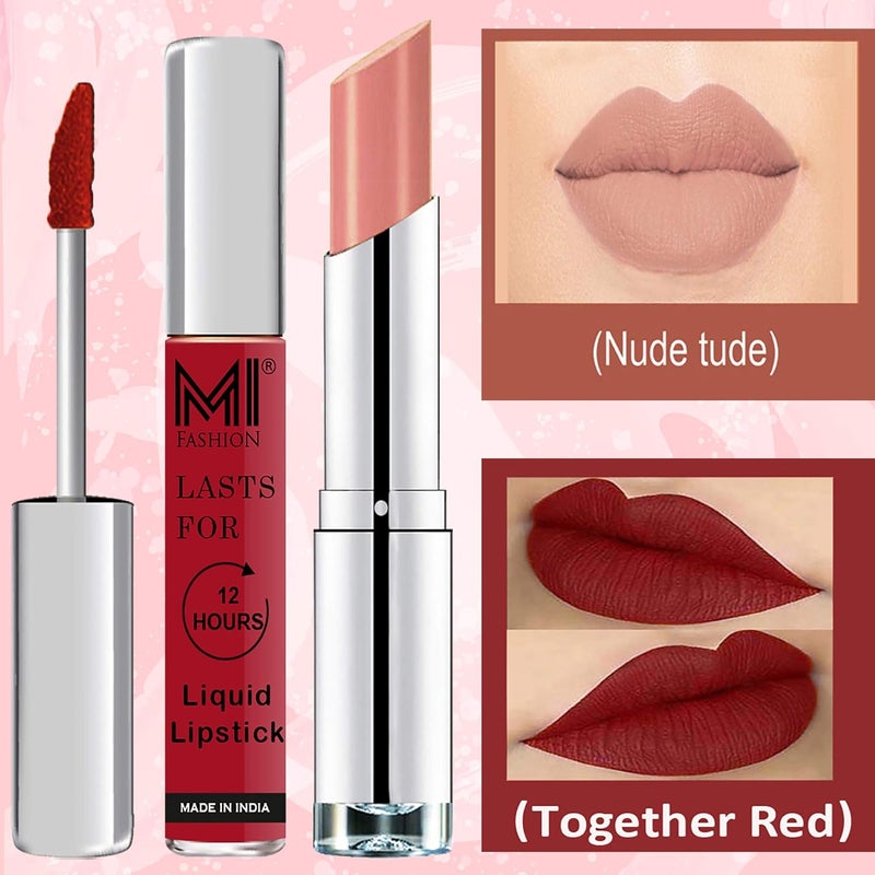 MI Fashion Made in India Lipstick Combo Offers 100 Veg Long Lasting Red Liquid Matte Lipstick Nude Tude Creamy Matte Lipstick - Image 3