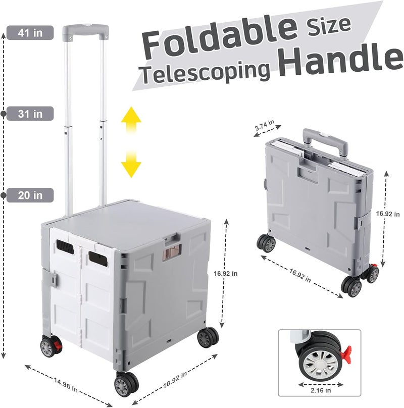 FELICON Folding Utility Cart Portable Rolling Crate Handcart with Durable Heavy Duty Plastic Telescoping Handle Collapsible Hidden Lid 4Rotate Wheels for Travel Shopping Moving Office Teacher Use(Gray&White) - Image 3