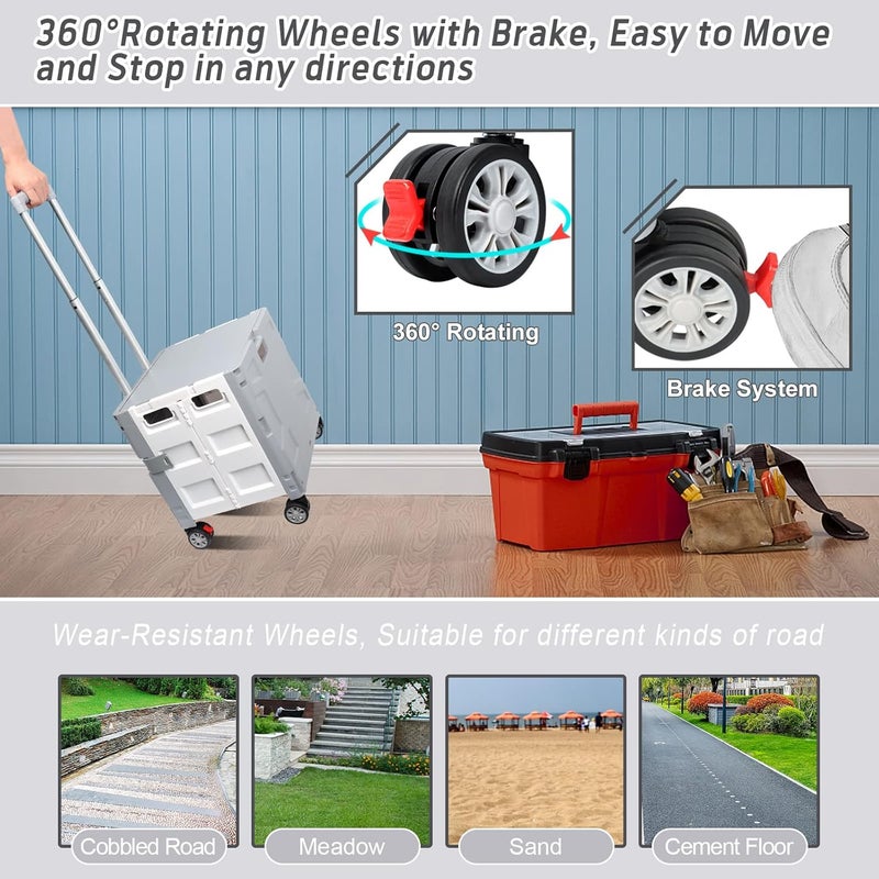 FELICON Folding Utility Cart Portable Rolling Crate Handcart with Durable Heavy Duty Plastic Telescoping Handle Collapsible Hidden Lid 4Rotate Wheels for Travel Shopping Moving Office Teacher Use(Gray&White) - Image 5