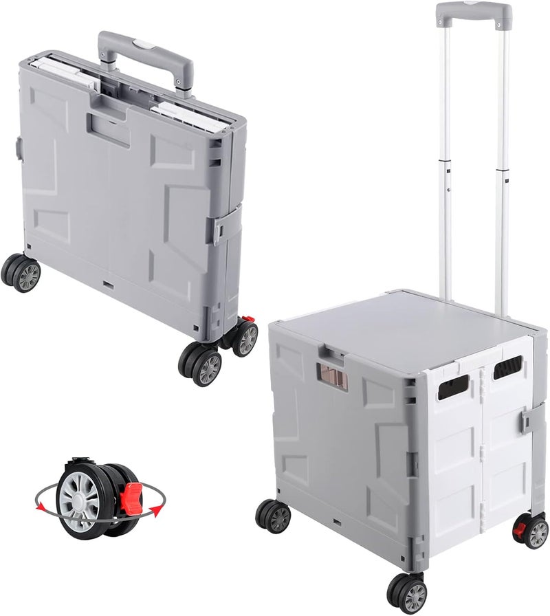 FELICON Folding Utility Cart Portable Rolling Crate Handcart with Durable Heavy Duty Plastic Telescoping Handle Collapsible Hidden Lid 4Rotate Wheels for Travel Shopping Moving Office Teacher Use(Gray&White) - Image 1