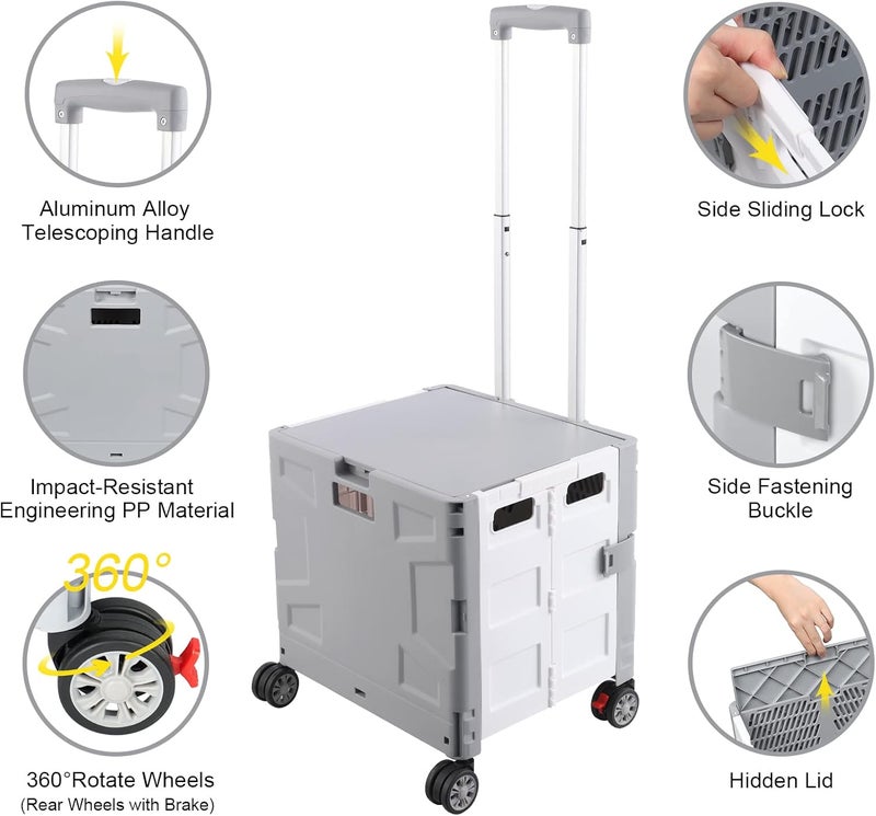 FELICON Folding Utility Cart Portable Rolling Crate Handcart with Durable Heavy Duty Plastic Telescoping Handle Collapsible Hidden Lid 4Rotate Wheels for Travel Shopping Moving Office Teacher Use(Gray&White) - Image 2
