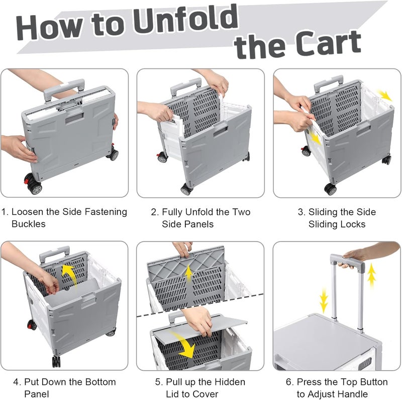 FELICON Folding Utility Cart Portable Rolling Crate Handcart with Durable Heavy Duty Plastic Telescoping Handle Collapsible Hidden Lid 4Rotate Wheels for Travel Shopping Moving Office Teacher Use(Gray&White) - Image 4