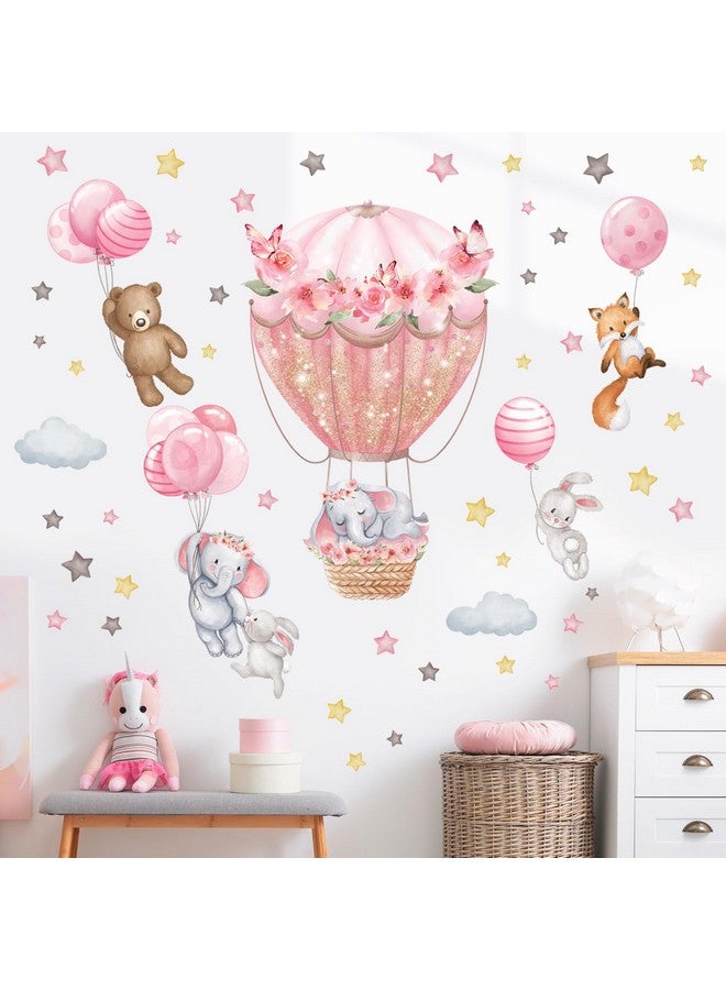 DECOWALL SG2-2408 Animal Hot air Balloon Balloons Wall Stickers Decals Flowers Elephant Bear Baby Nursery Bedroom Girls Toddler Pink Room Home Décor Decorations Kids Fox Rabbit Peel and Stick - Image 3