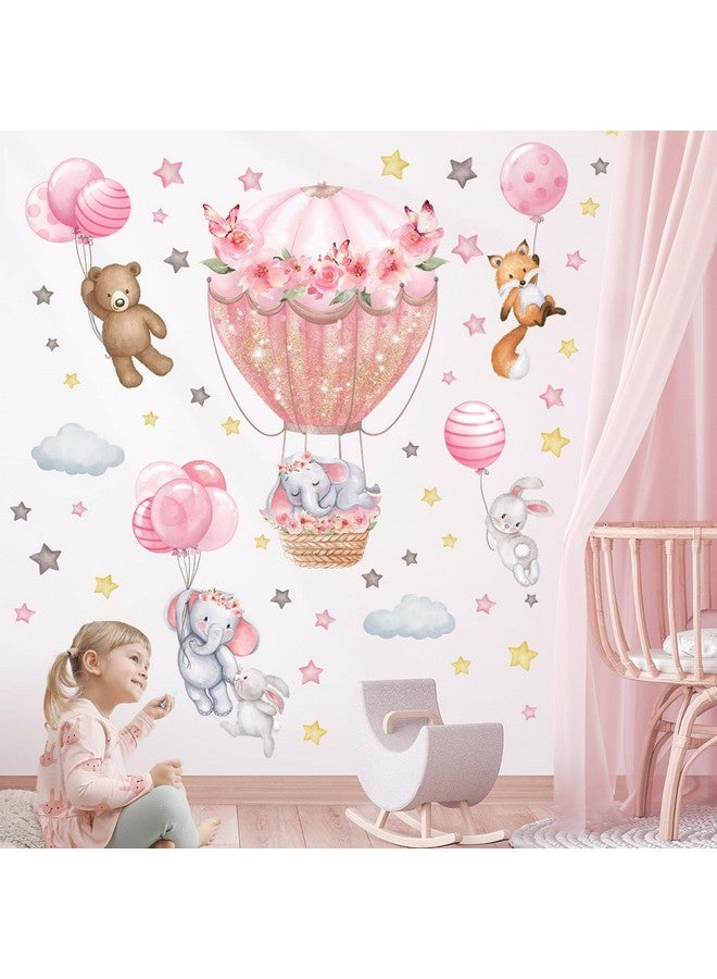 DECOWALL SG2-2408 Animal Hot air Balloon Balloons Wall Stickers Decals Flowers Elephant Bear Baby Nursery Bedroom Girls Toddler Pink Room Home Décor Decorations Kids Fox Rabbit Peel and Stick - Image 1