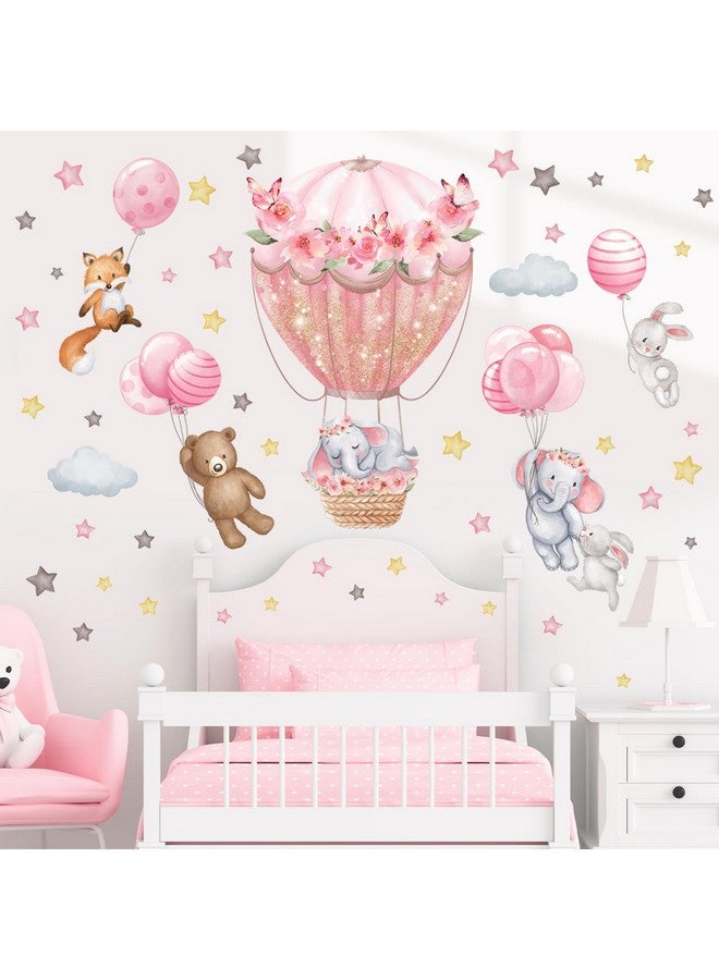 DECOWALL SG2-2408 Animal Hot air Balloon Balloons Wall Stickers Decals Flowers Elephant Bear Baby Nursery Bedroom Girls Toddler Pink Room Home Décor Decorations Kids Fox Rabbit Peel and Stick - Image 2
