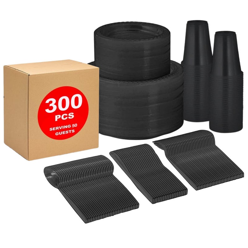 Framo 300 Piece Disposable Black Tableware Set for 50 Guests  Microwavable Plastic Dinnerware Set of 50 9 Plates 50 6 Dessert Plates 50 9oz Cups 50 Spoons 50 Forks 50 Knives