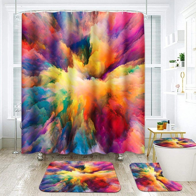 YELLOW RED TEAL COLORFUL BATHROOM SET WITH SHOWER CURTAIN AND RUGS ACCESSORY MODERN ABSTRACT PAINTING ABSTRACT SHOWER CURTAIN FOR BATHROOM DECOR 4 PCS