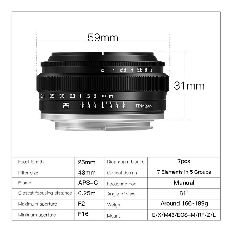 TTArtisan عدسة كاميرا TTArtisan 25mm F2 واسعة الزاوية بفتحة كبيرة عدسة ثابتة يدوية متوافقة مع كاميرات فوجي X-Mount X-A2 X-A2 X-A3 X-A5 X-A7 X-H1 XT1 X-T2 X-T3 X-T20 X-T30 X-T100 X-T200 X-PRO1 - Image 4