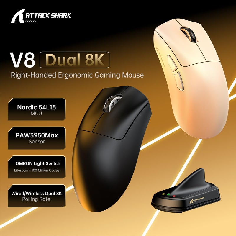 MAMBASNAKE ATTACKSHARK V8 Wireless Ultralight Gaming Mouse with 8K Polling,42000 DPI,Nordic54L15 MCU Chip,PAW3950 Max Sensor-Wired/BT/2.4Ghz,400Hrs Long Battery,Programmable for PC Mac FPS(White+Tape) - Image 3